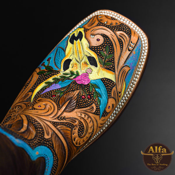 Genuine Longhorn Hand Tooled - Square Toe (Made In USA) - Image 2