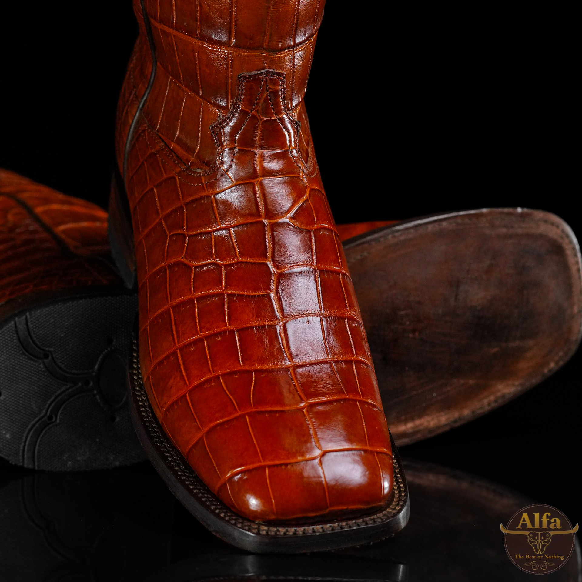 Genuine Cognac Full American Alligator Belly - Square Toe (FREE Belt & Wallet) - Image 2
