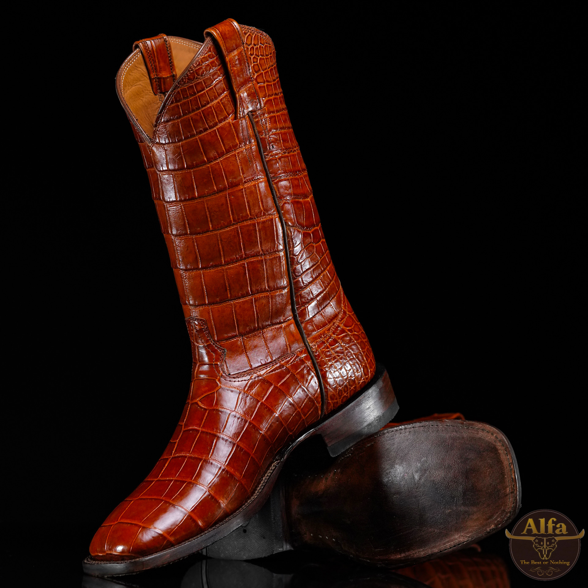 Genuine Cognac Full American Alligator Belly - Square Toe (FREE Belt & Wallet)