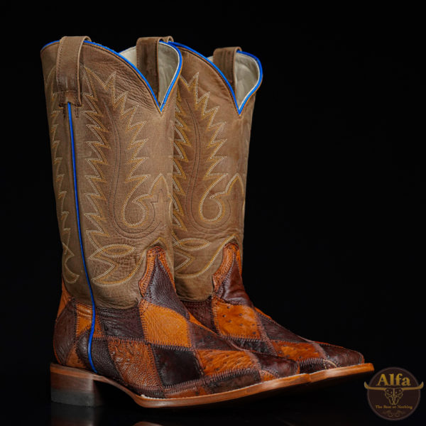 Men’s Handmade ALFA FD Genuine Ostrich Patchwork – Square Toe