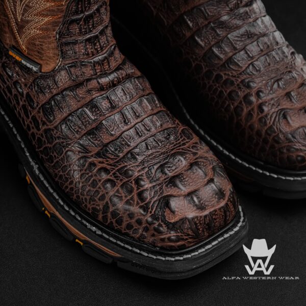 Men’s Handmade Chocolate Brown Caiman Neck Steel Toe – Square Toe - Image 2