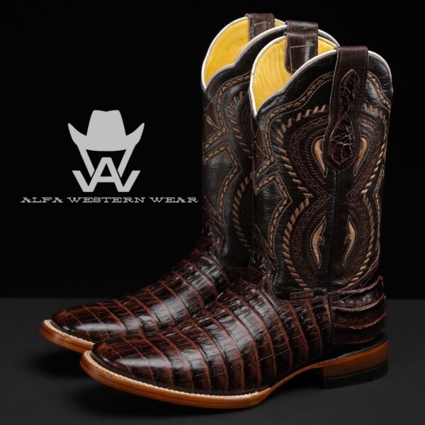 Men’s Handmade Chocolate Brown Caiman Tail – Square Toe