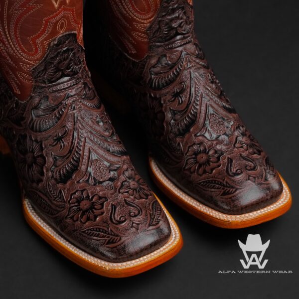 Men’s Handmade Chocolate Brown Hand Tooled – Square Toe - Image 2