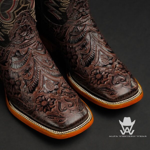 Men’s Handmade Chocolate Brown Hand Tooled – Square Toe - Image 2