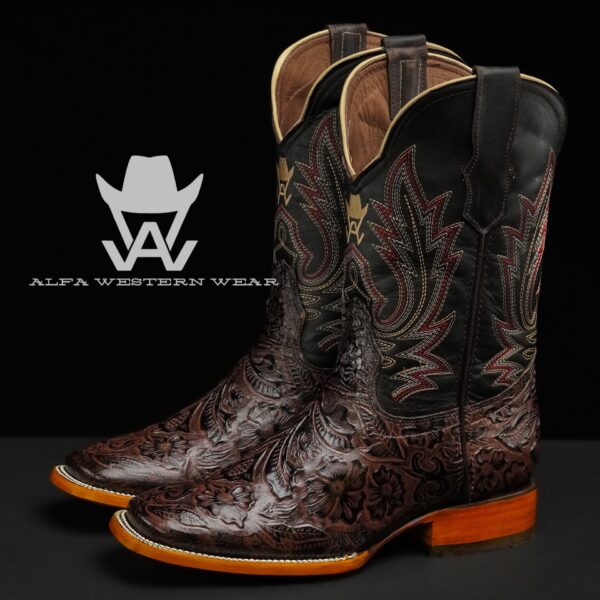 Men’s Handmade Chocolate Brown Hand Tooled – Square Toe