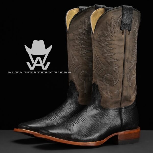 Men’s Handmade ALFA Black Bull Hide – Square Toe