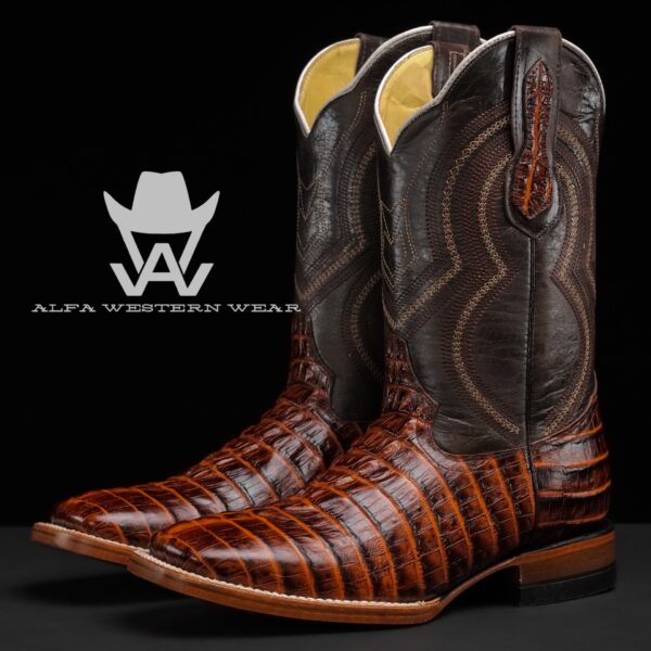 Men’s Handmade Cognac Caiman Tail – Square Toe
