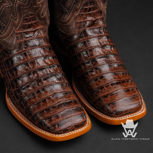 Men’s Handmade Chocolate Brown Caiman Belly – Square Toe - Image 2