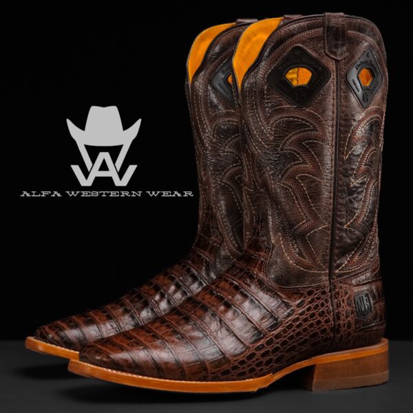Men’s Handmade Chocolate Brown Caiman Belly – Square Toe