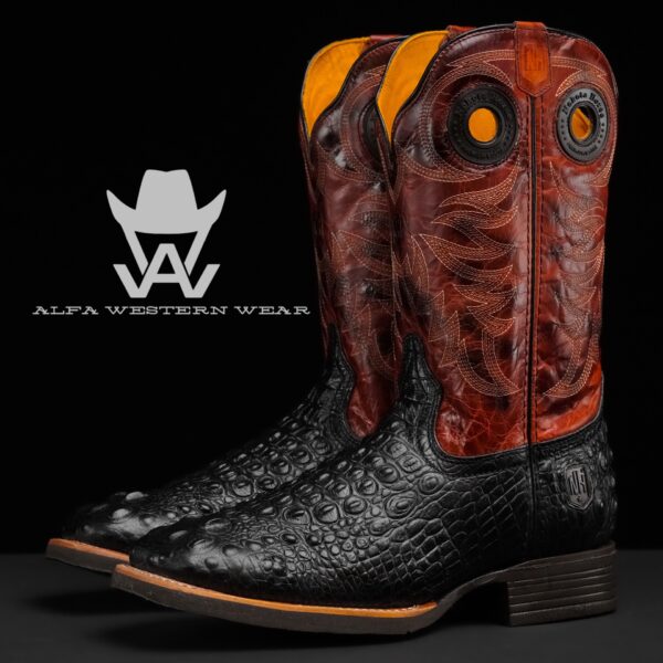 Men’s Handmade Black Caiman Neck – Square Toe