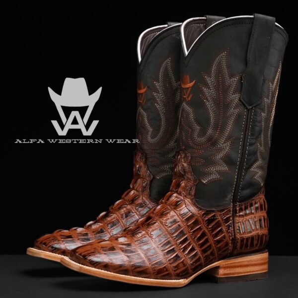 Men’s Handmade Cognac Caiman Tail – Square Toe