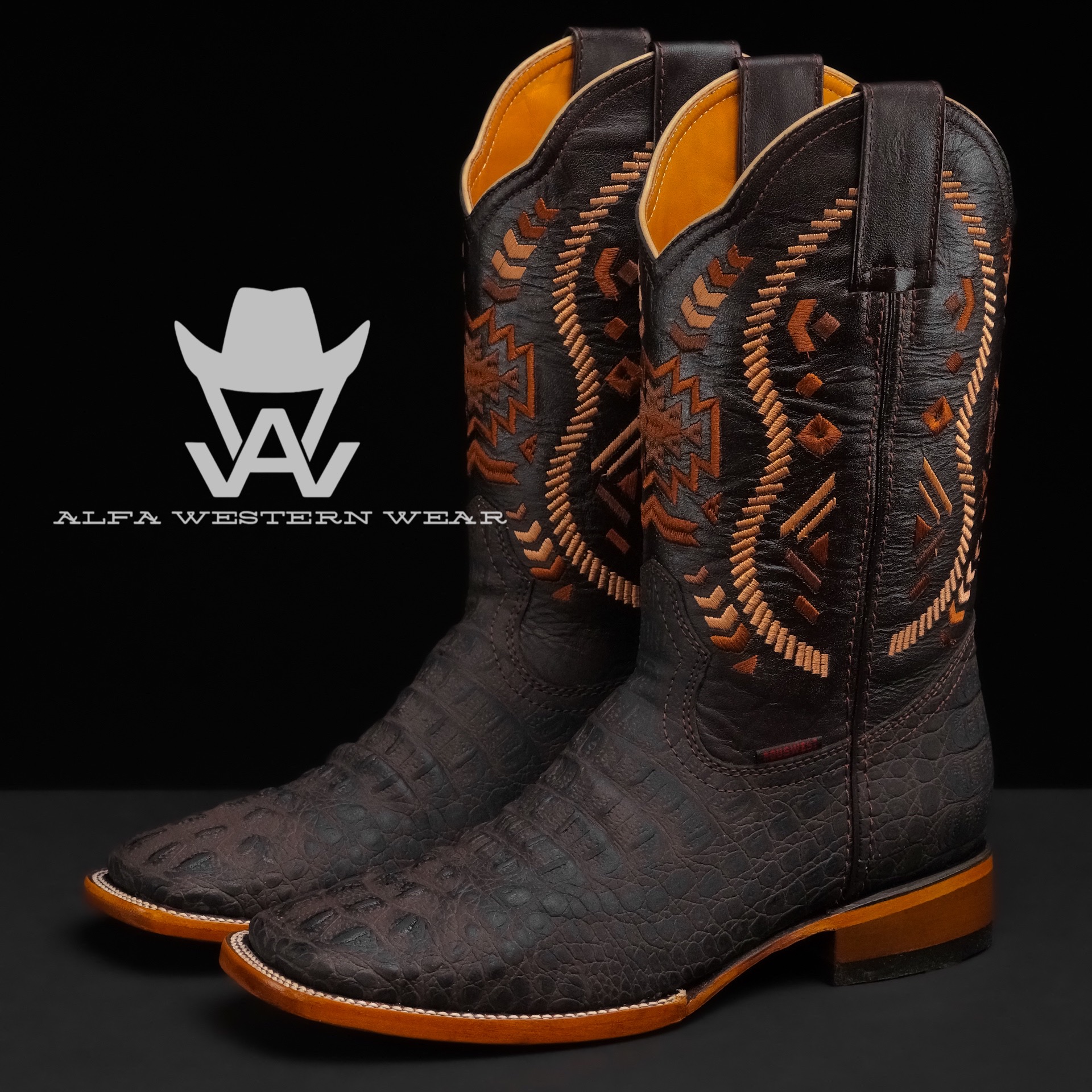 Men’s Handmade Matte Brown Caiman Neck – Square Toe