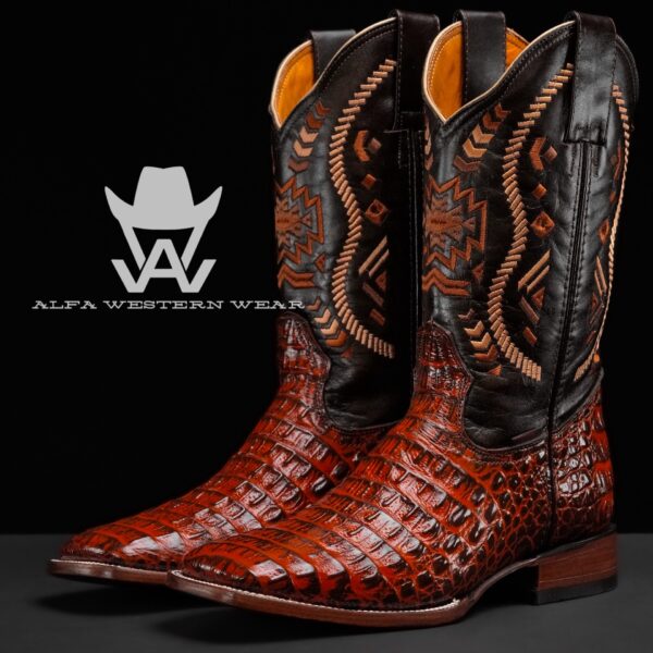 Men’s Handmade Cognac Caiman Horn Back – Square Toe