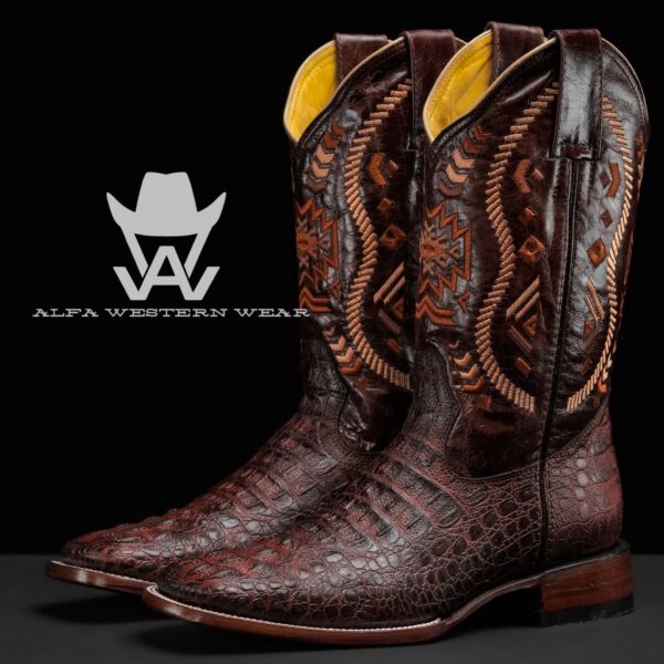 Men's Handmade Chocolate Brown Caiman Neck - Square Toe