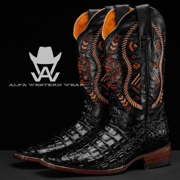 Men’s Handmade Black Caiman Horn Back – Square Toe