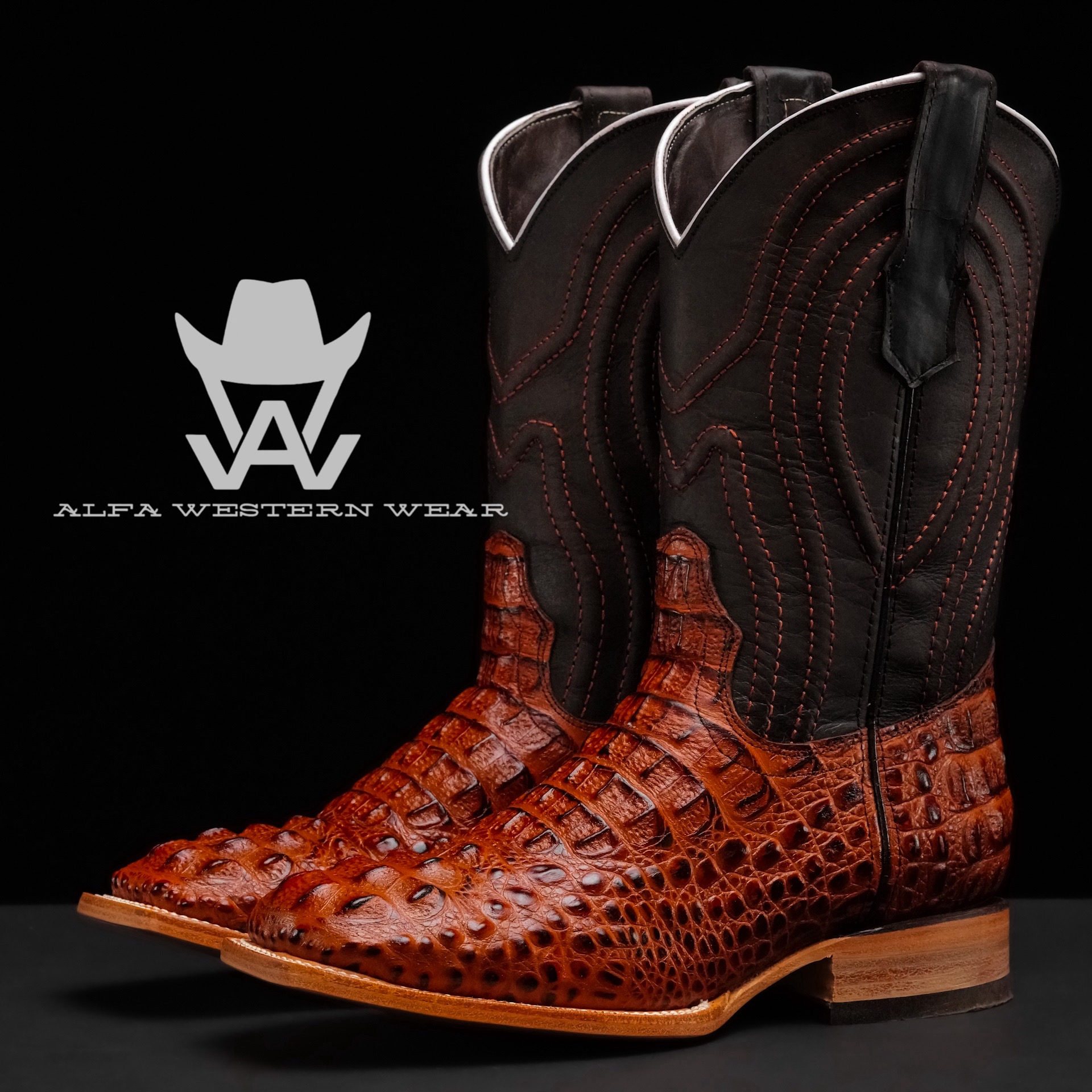 Men’s Handmade Cognac Caiman Neck – Square Toe