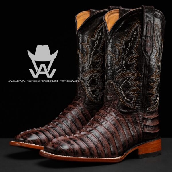 Men’s Handmade Chocolate Brown Caiman Tail – Square Toe