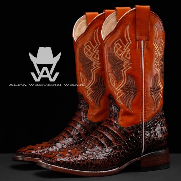 Men’s Handmade Chocolate Brown Caiman Neck – Square Toe