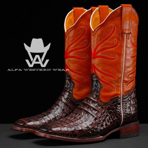 Men’s Handmade Chocolate Brown Caiman Horn Back – Square Toe