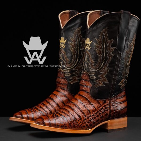 Men’s Handmade Cognac Caiman Belly – Square Toe