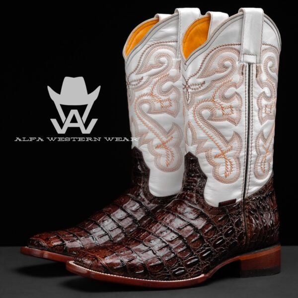 Men’s Handmade Chocolate Brown Caiman Horn Back – Square Toe