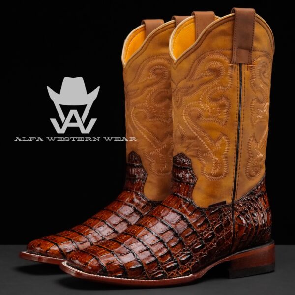 Men’s Handmade Cognac Caiman Horn Back – Square Toe