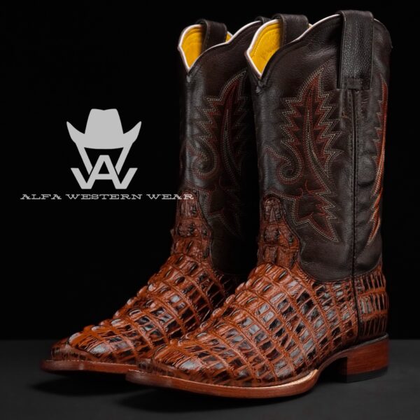 Men’s Handmade Cognac Caiman Tail – Square Toe