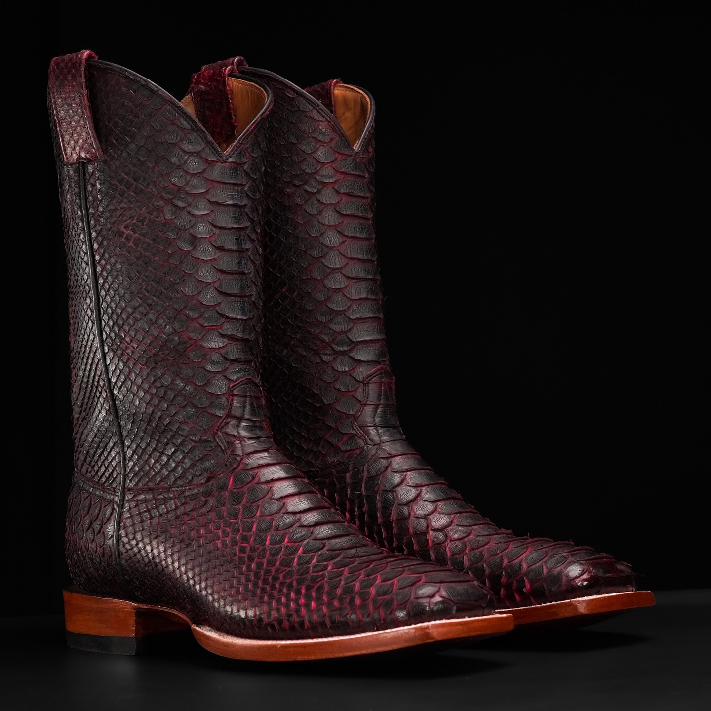 Genuine Full Black Cherry Python - Square Toe (FREE Belt & Wallet)