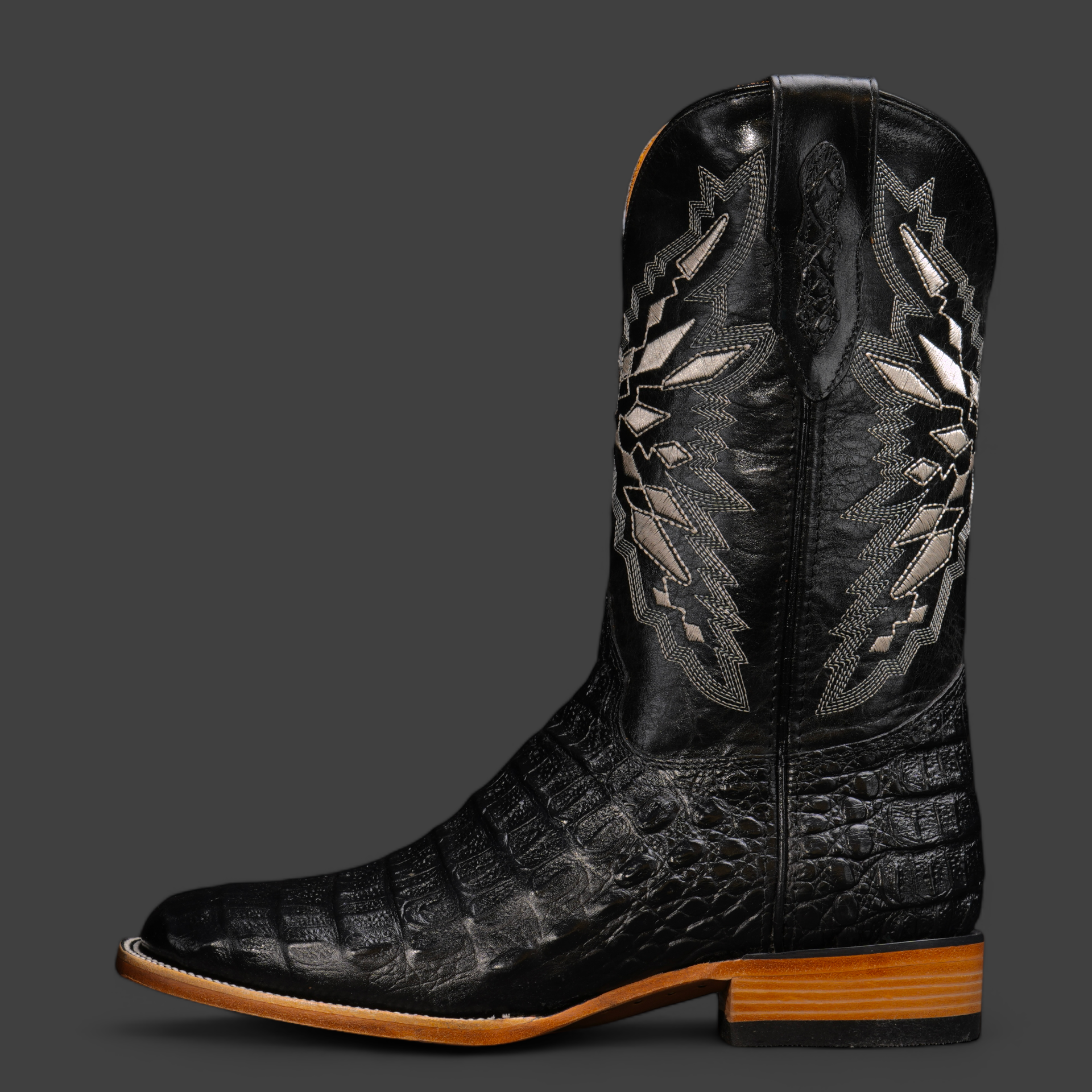 Black Caiman Horn Back - Square Toe