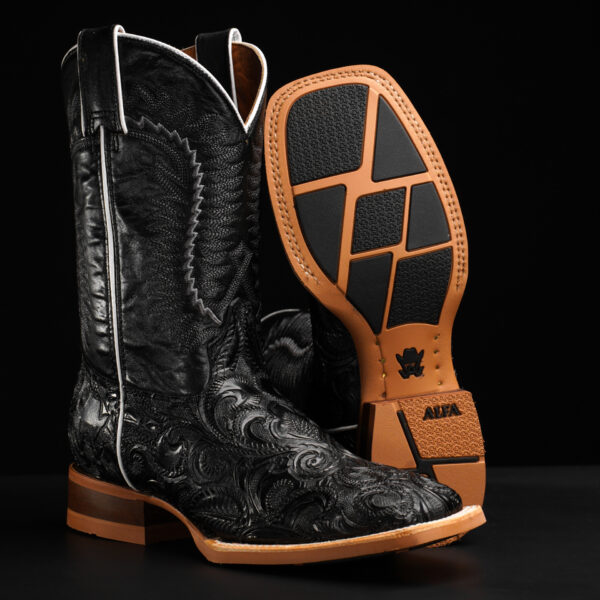 Black Alfa Hand Tooled – Square Toe