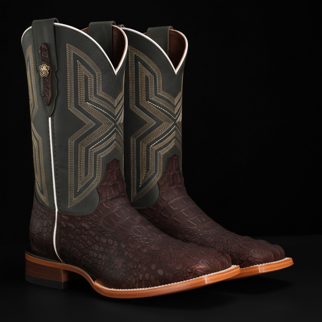 Matte Brown Caiman Neck - Square Toe