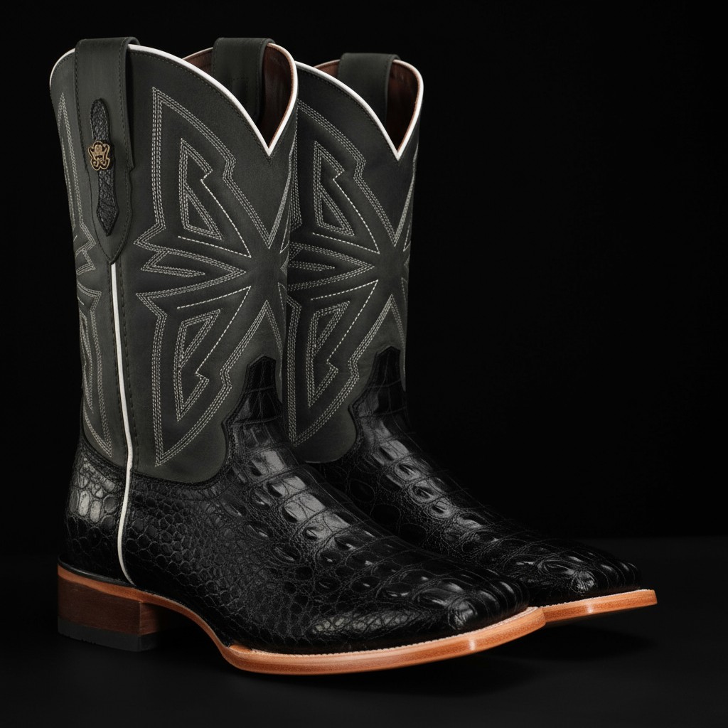 Black Caiman Horn Back - Square Toe