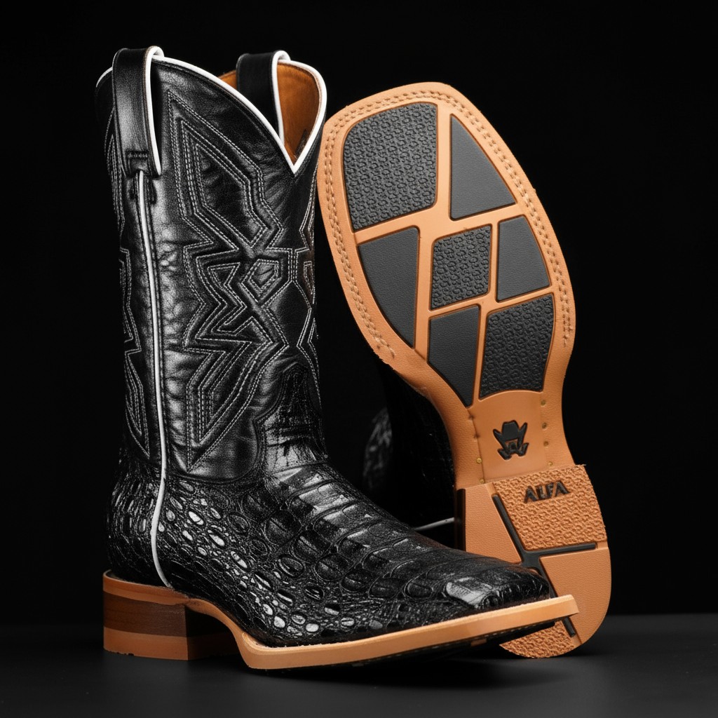 Black Caiman Horn Back - Square Toe