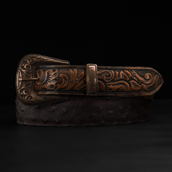 Brown Ostrich W/Hand Tooled Belt