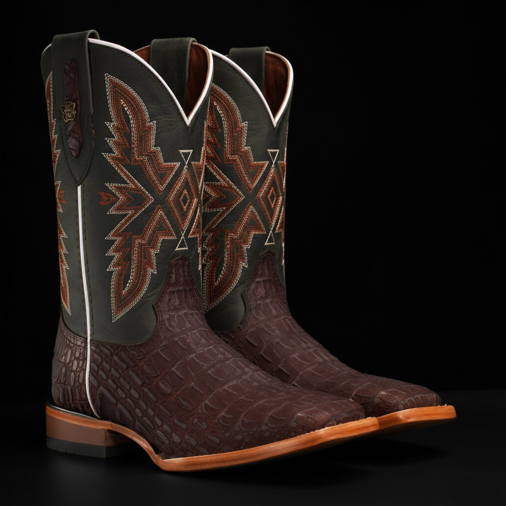 Matte Brown Caiman Horn Back - Square Toe