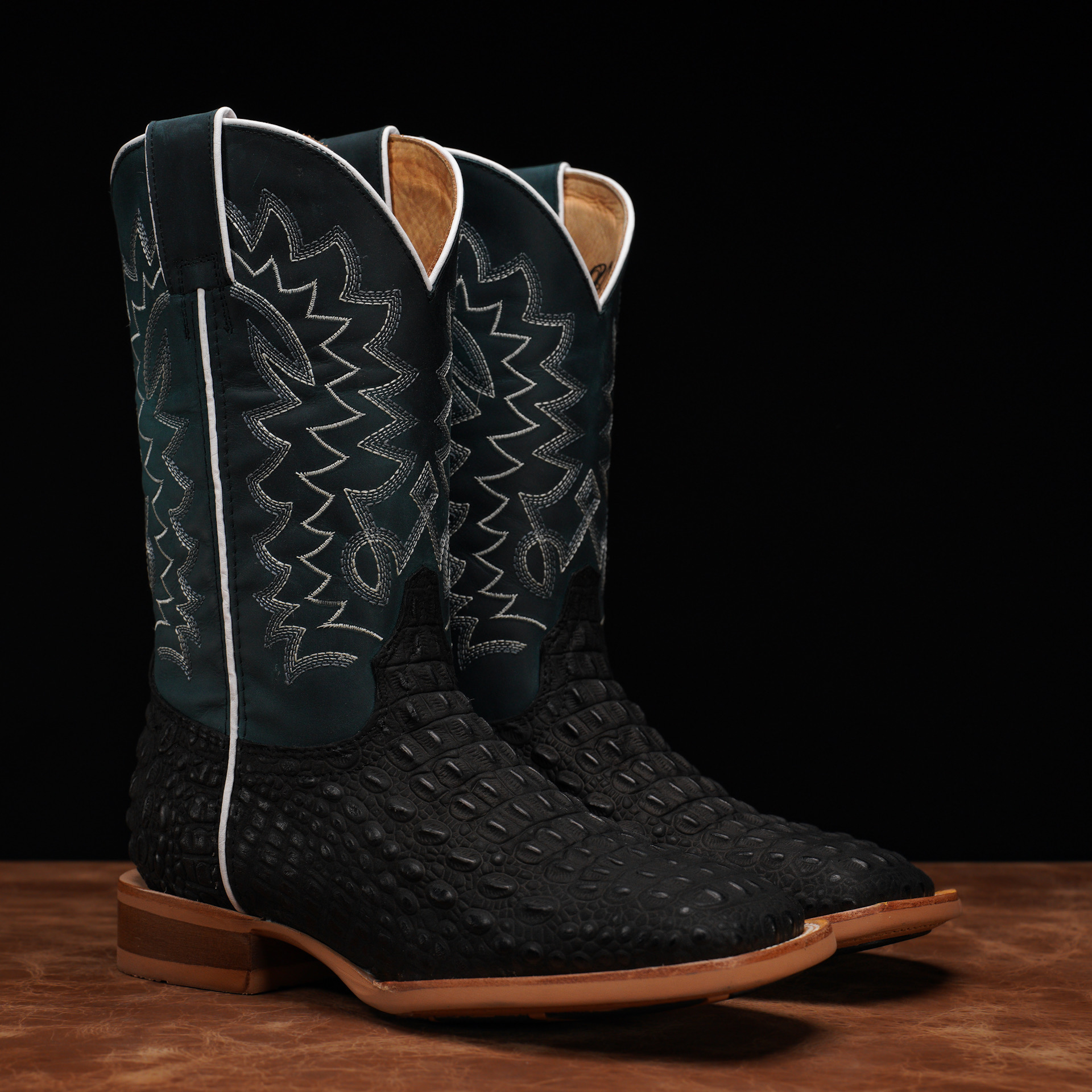 Matte Black Caiman Horn Back - Square Toe