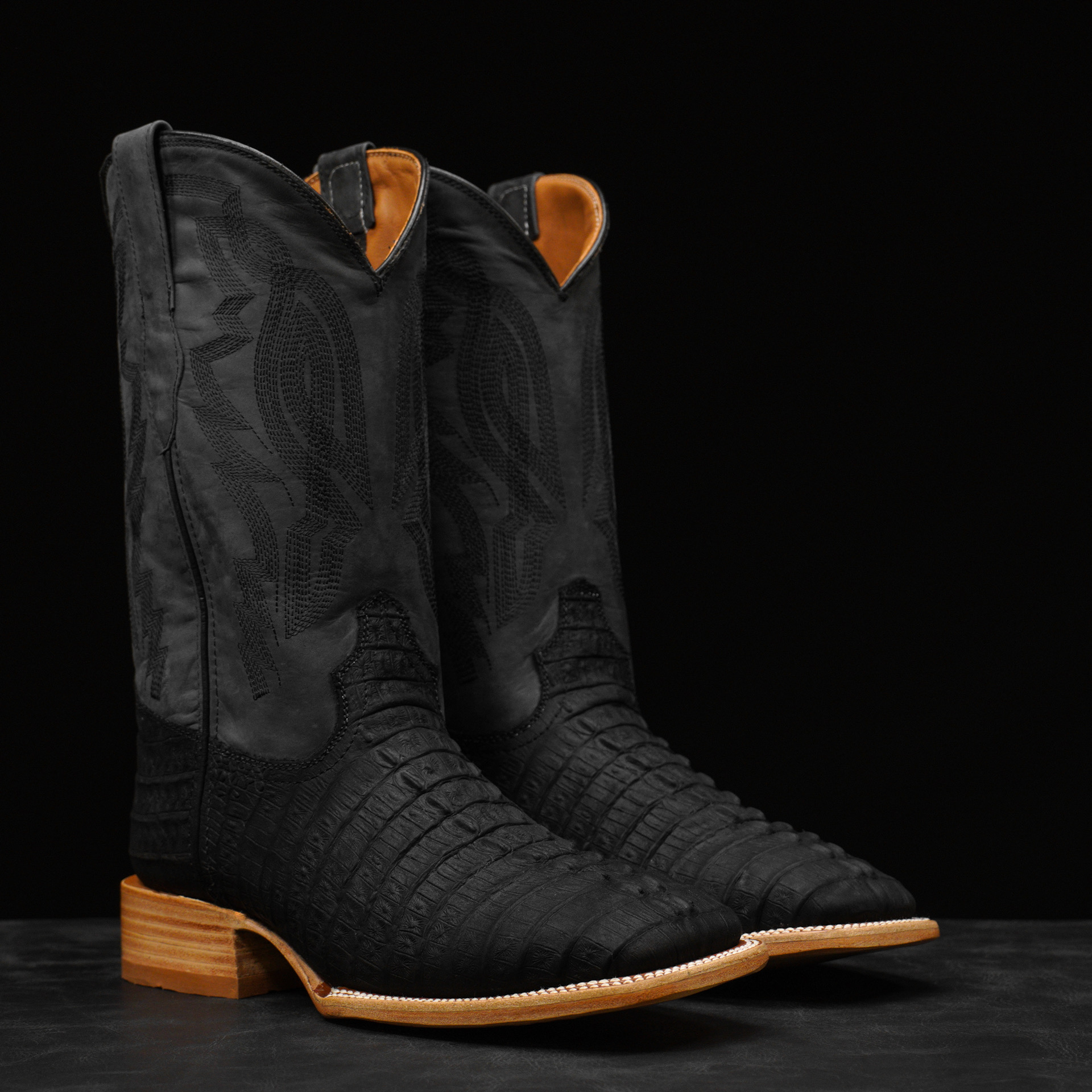 Matte Black Caiman Tail - Square Toe