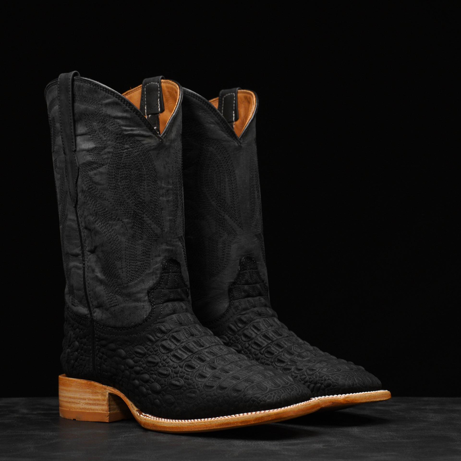 Matte Black Caiman Horn Back - Square Toe
