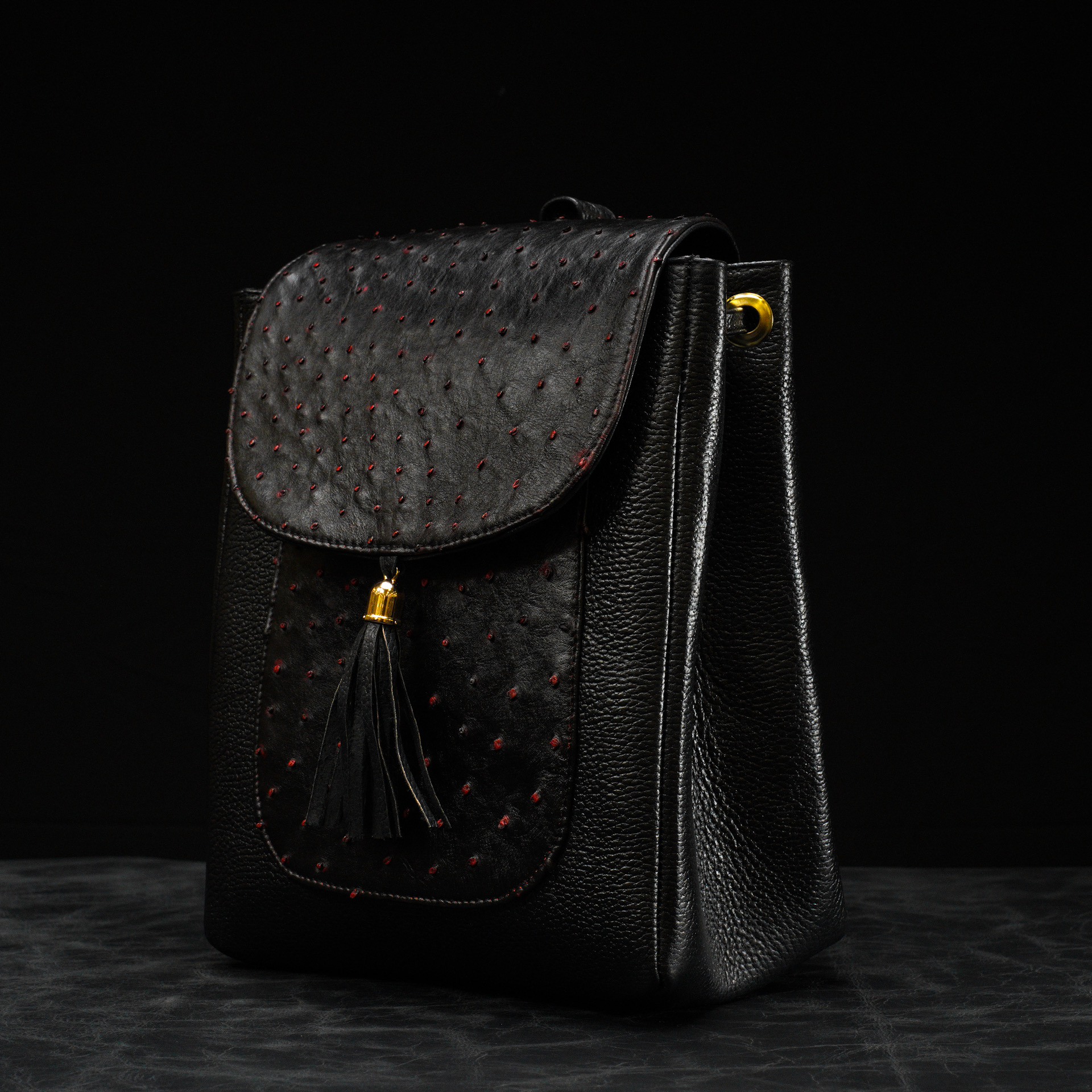 Black Cherry Exotic Ostrich Leather Flap Backpack - Image 3