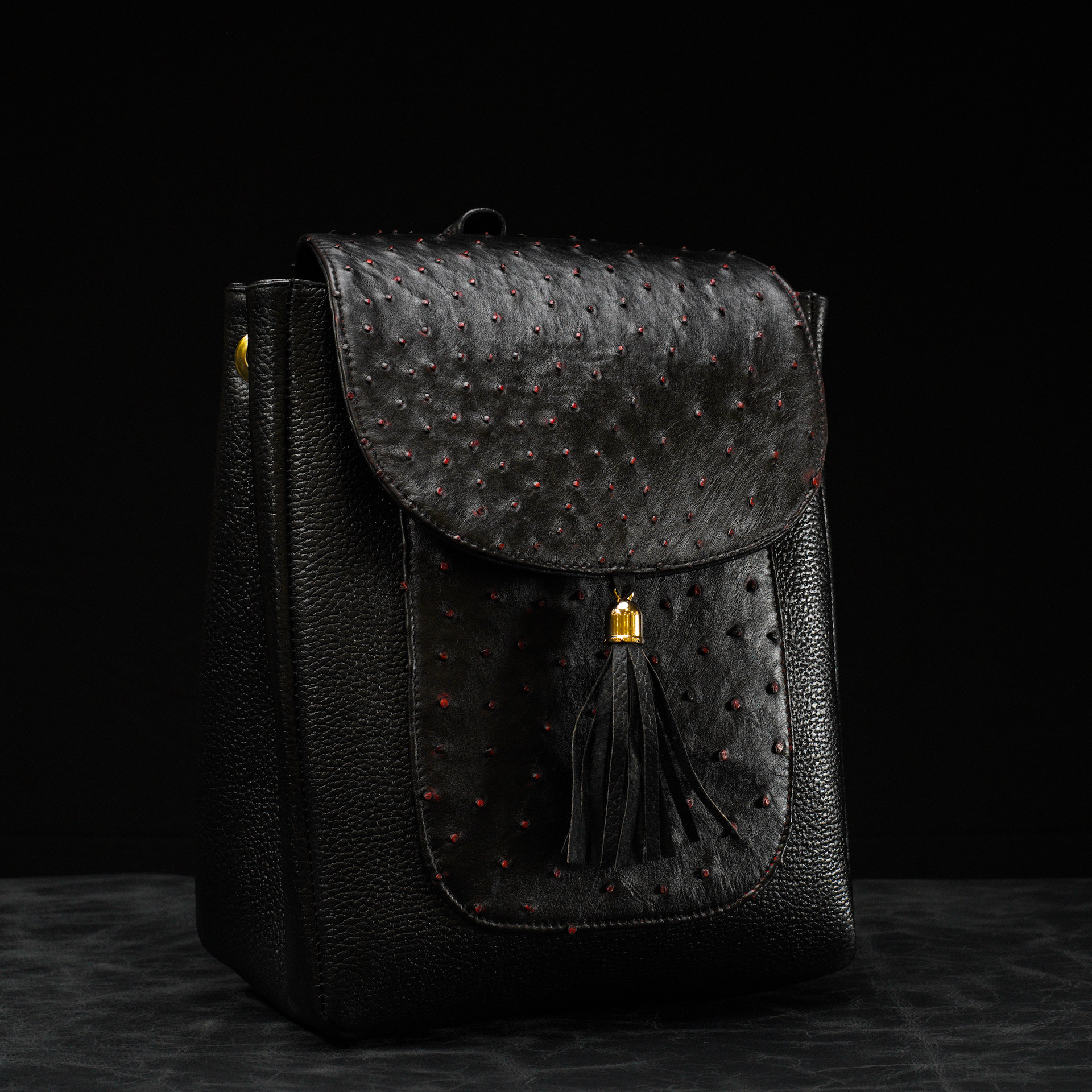 Black Cherry Exotic Ostrich Leather Flap Backpack