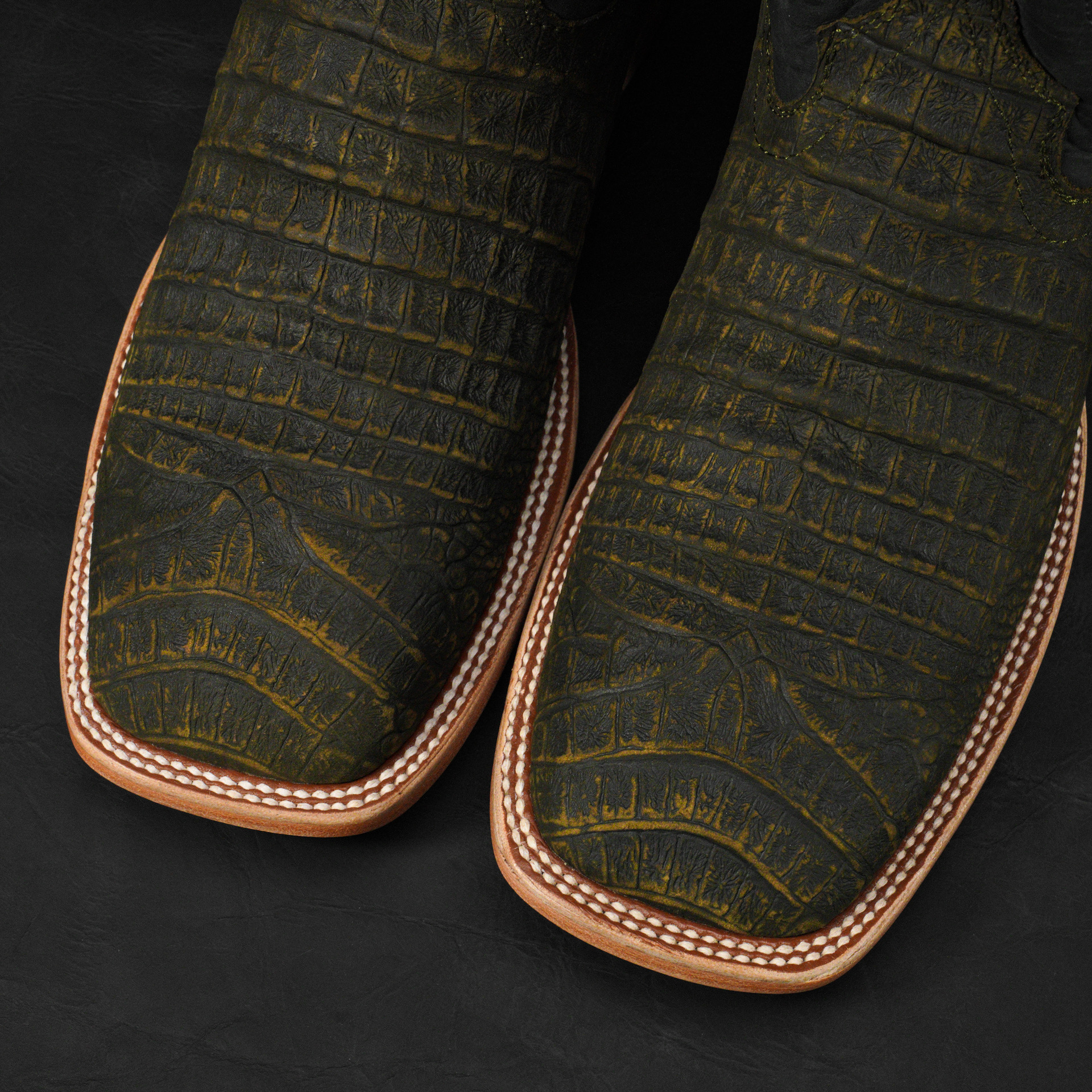 Matte Olive Green Caiman Belly - Square Toe - Image 3