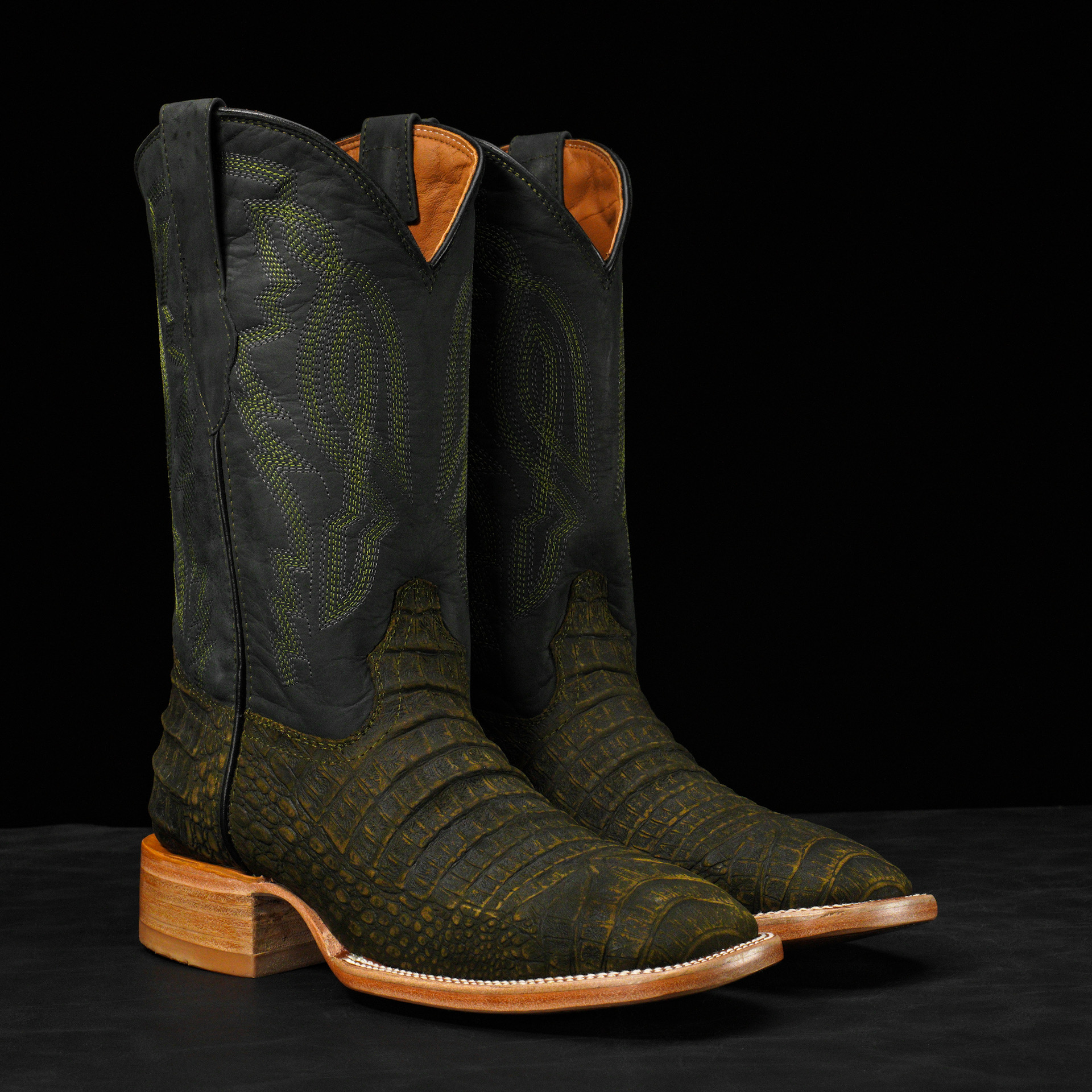 Matte Olive Green Caiman Belly - Square Toe