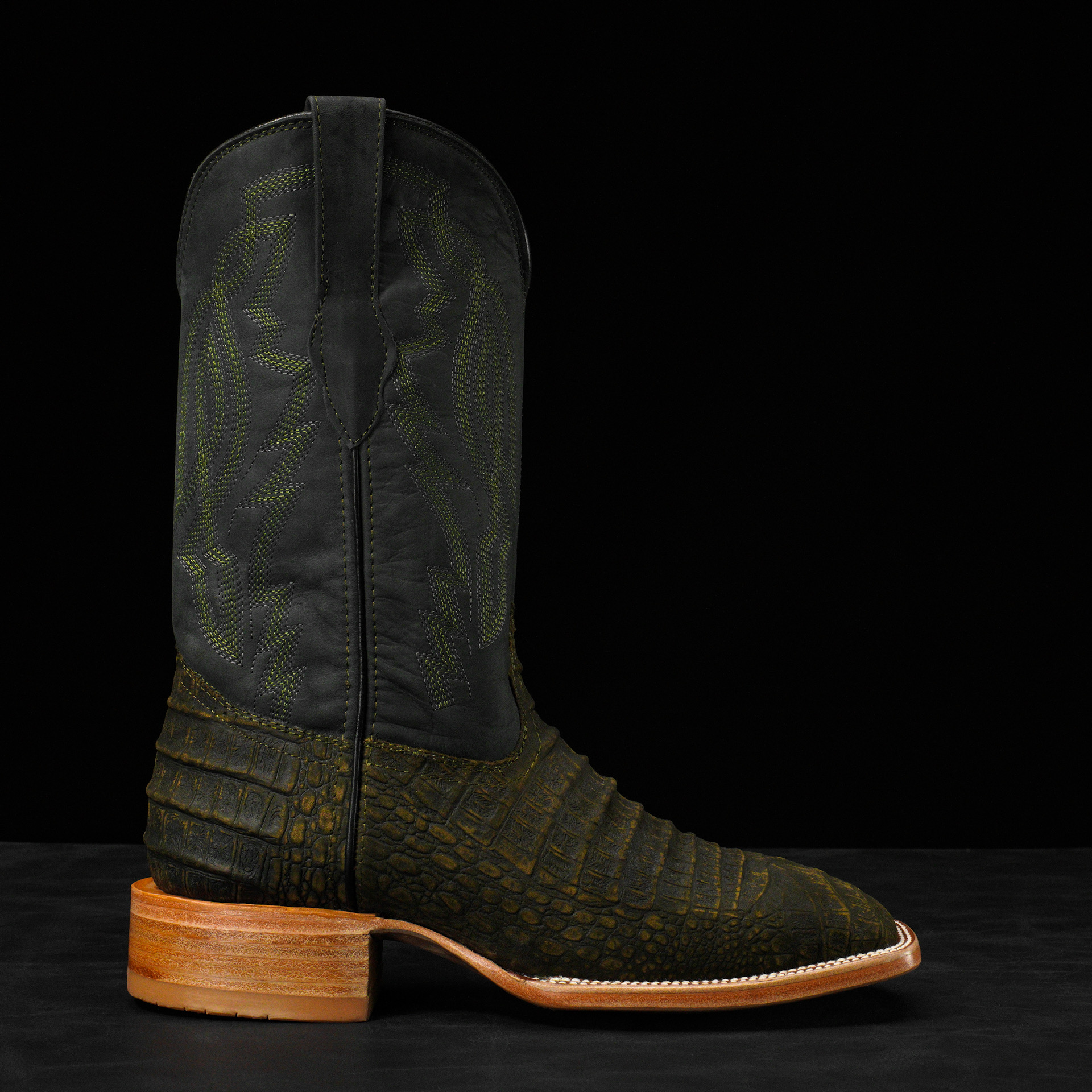 Matte Olive Green Caiman Belly - Square Toe - Image 2