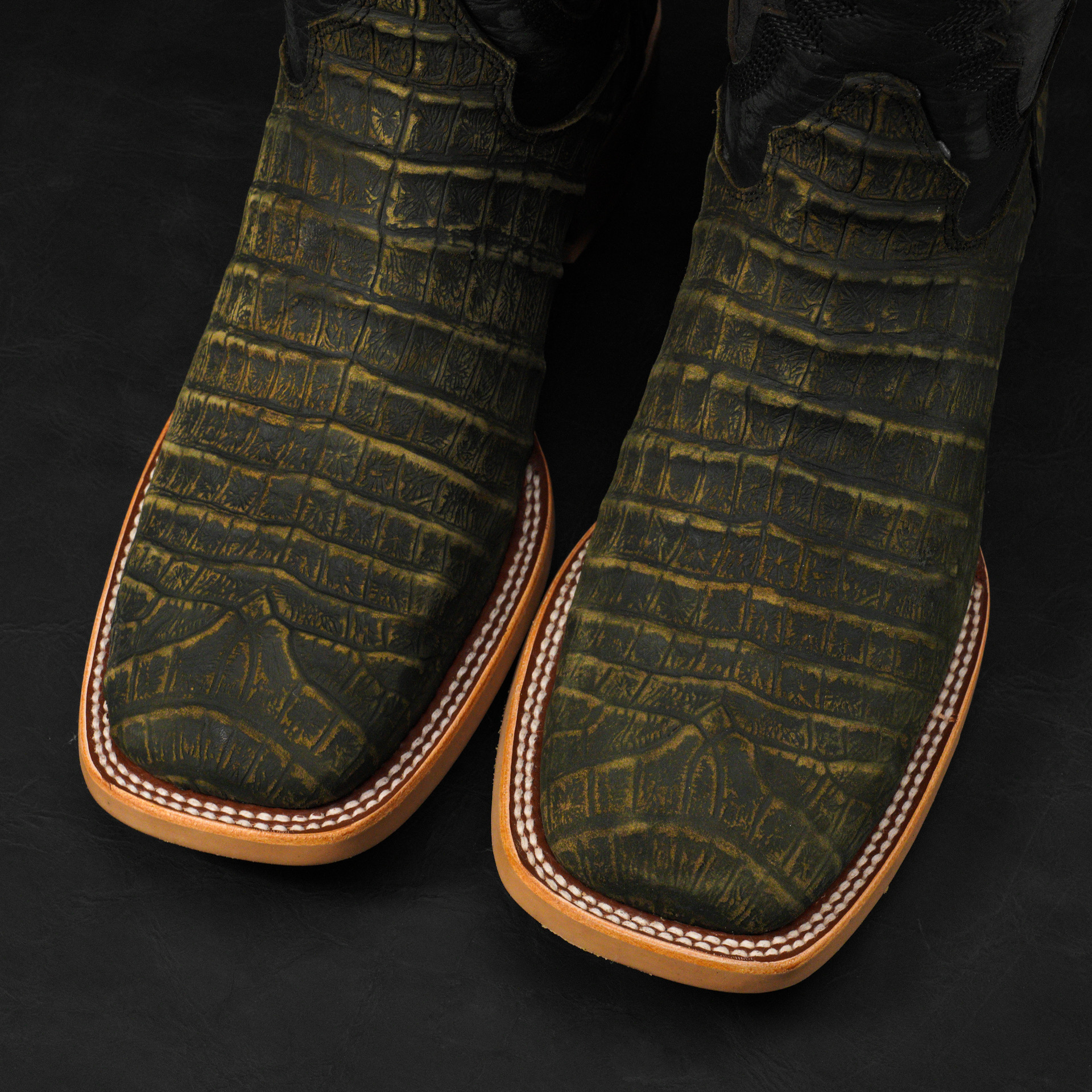 Matte Olive Green Nubuck Caiman Belly - Arena Square Toe - Image 4