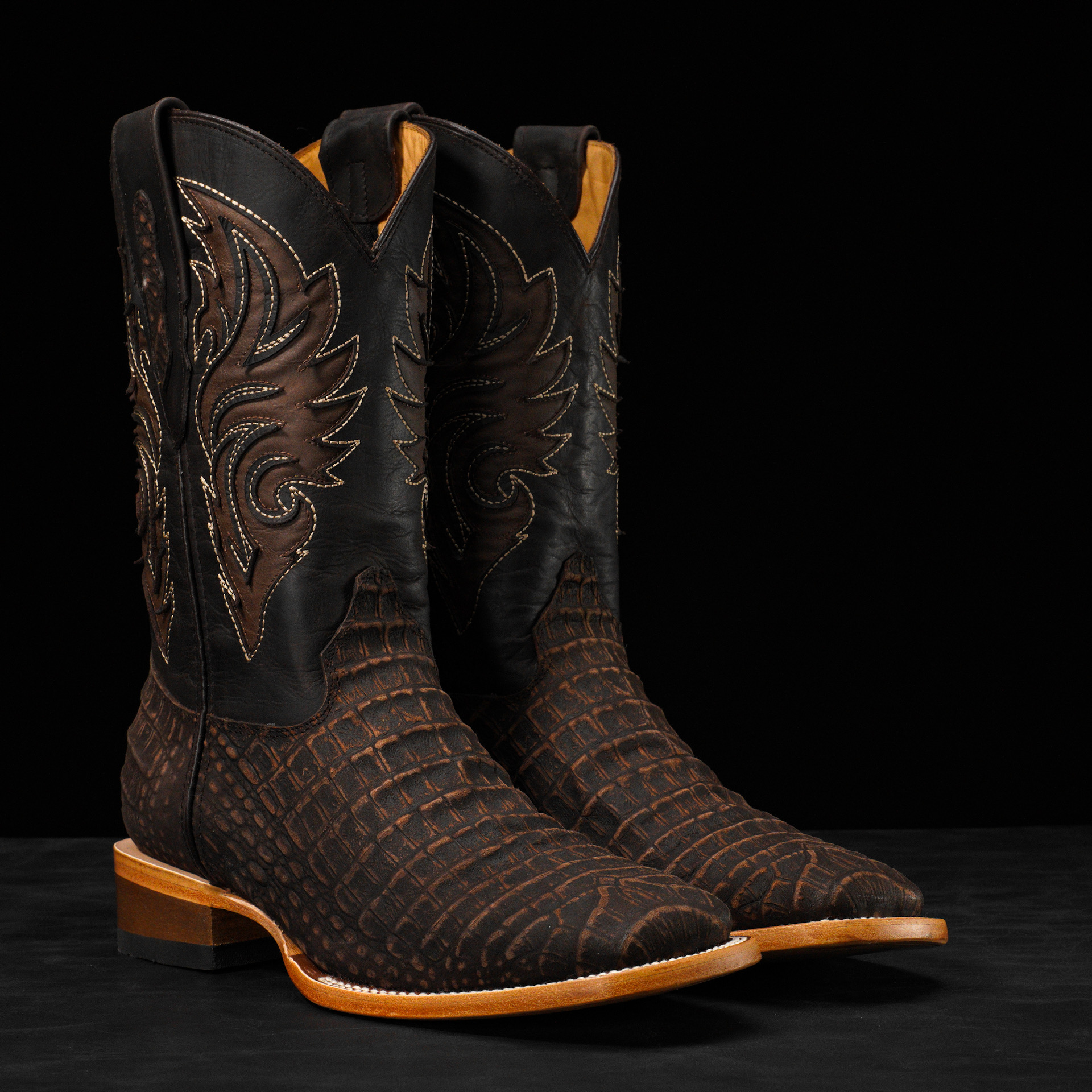 Matte Brown Nubuck Caiman Belly - Arena Square Toe