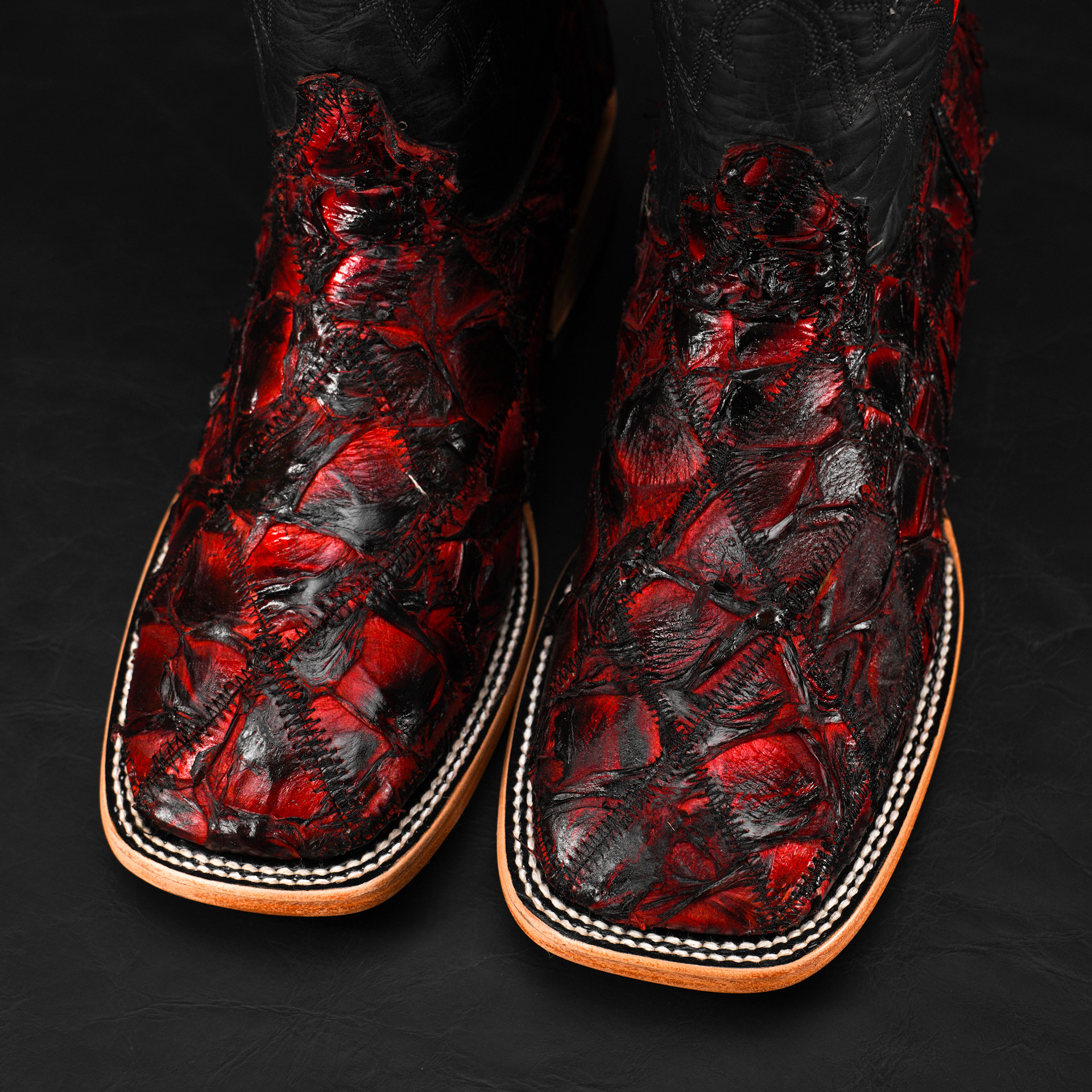 AUTHENTIC Black Cherry Patch Work Pirarucu – Square Toe - Image 3