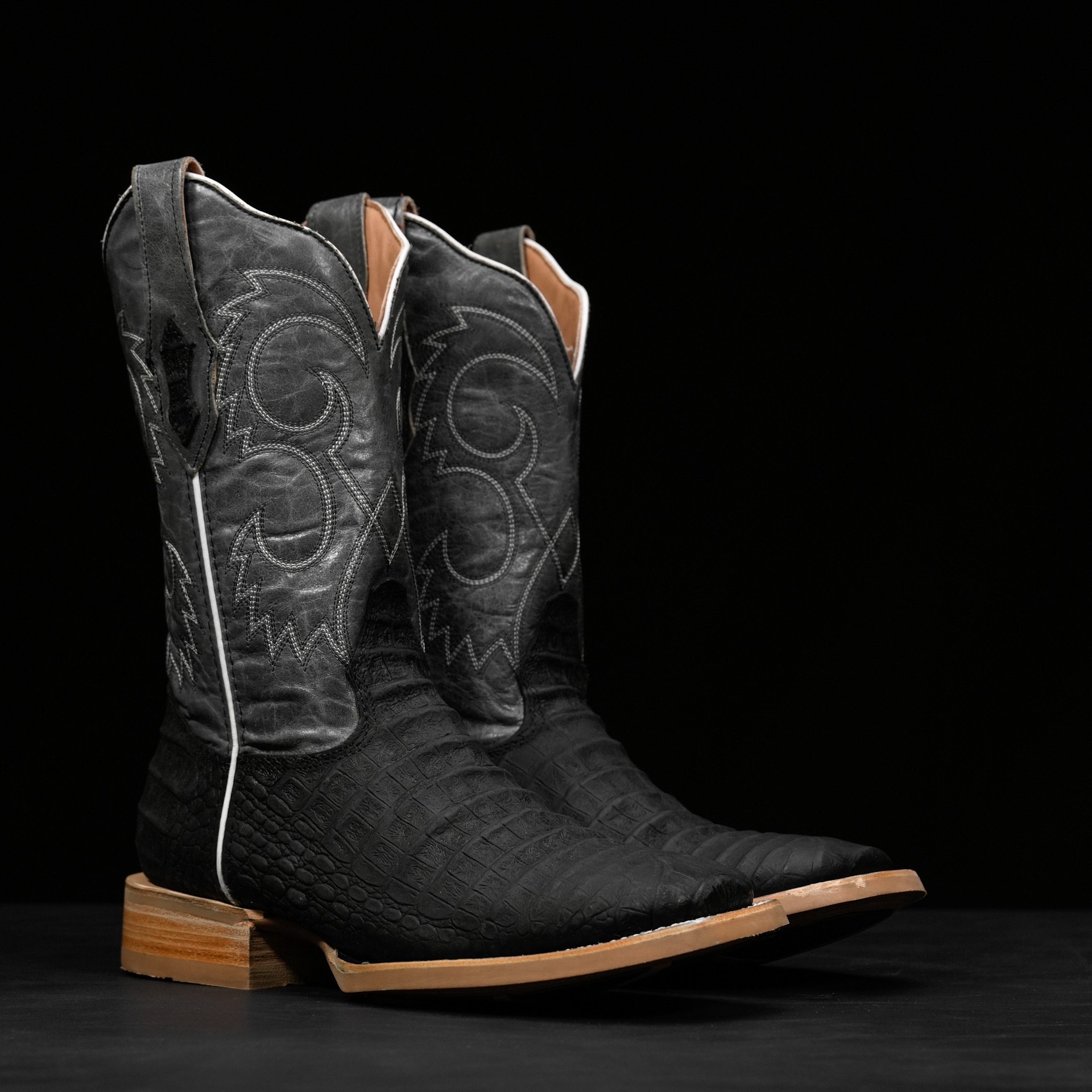 Matte Black Caiman Belly - Ranch Square Toe - Alfa Western