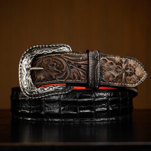 Black Caiman With Brown Hand Tooled Belt
