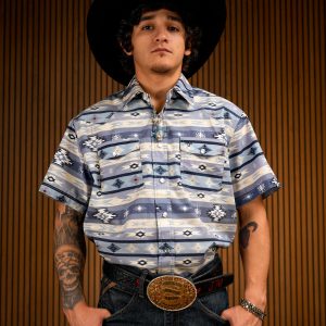 Light Blue Printed Short Sleeve Pearl Snap Button Up Shirt