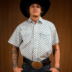 Light Blue Printed Short Sleeve Pearl Snap Button Up Shirt